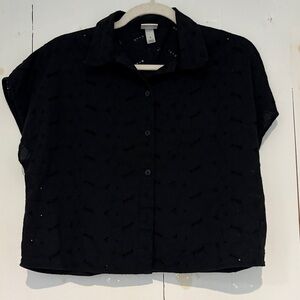 Black cotton eyelet button down short sleeve shirt